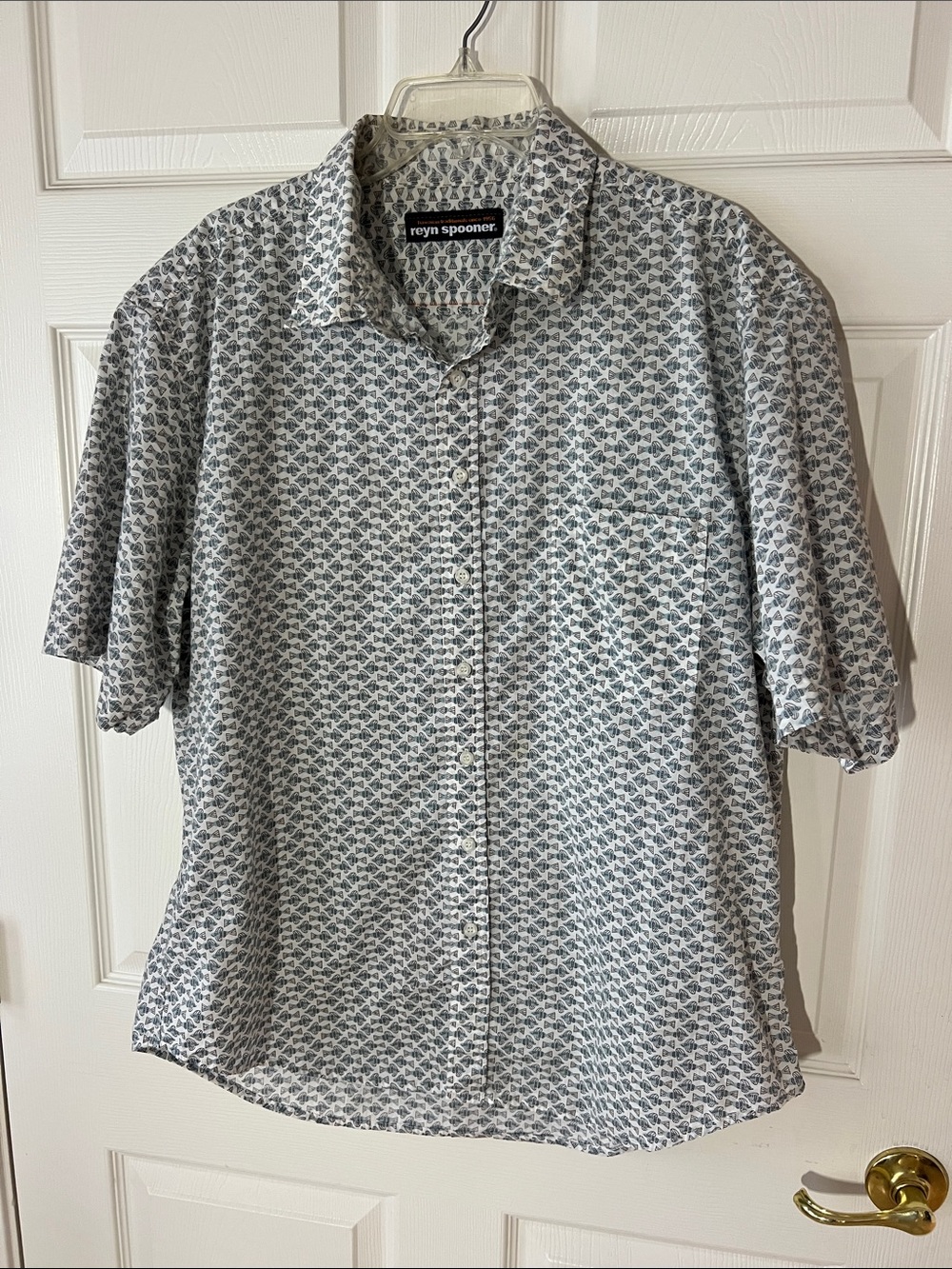 Reyn Spooner Fish All Over Pattern Button Up Shirt White & Blue, Sz XXL